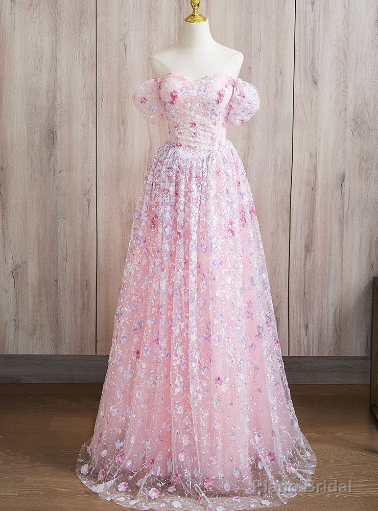 Pink Sequins Off the Shoulder Flower Prom Dress Main image