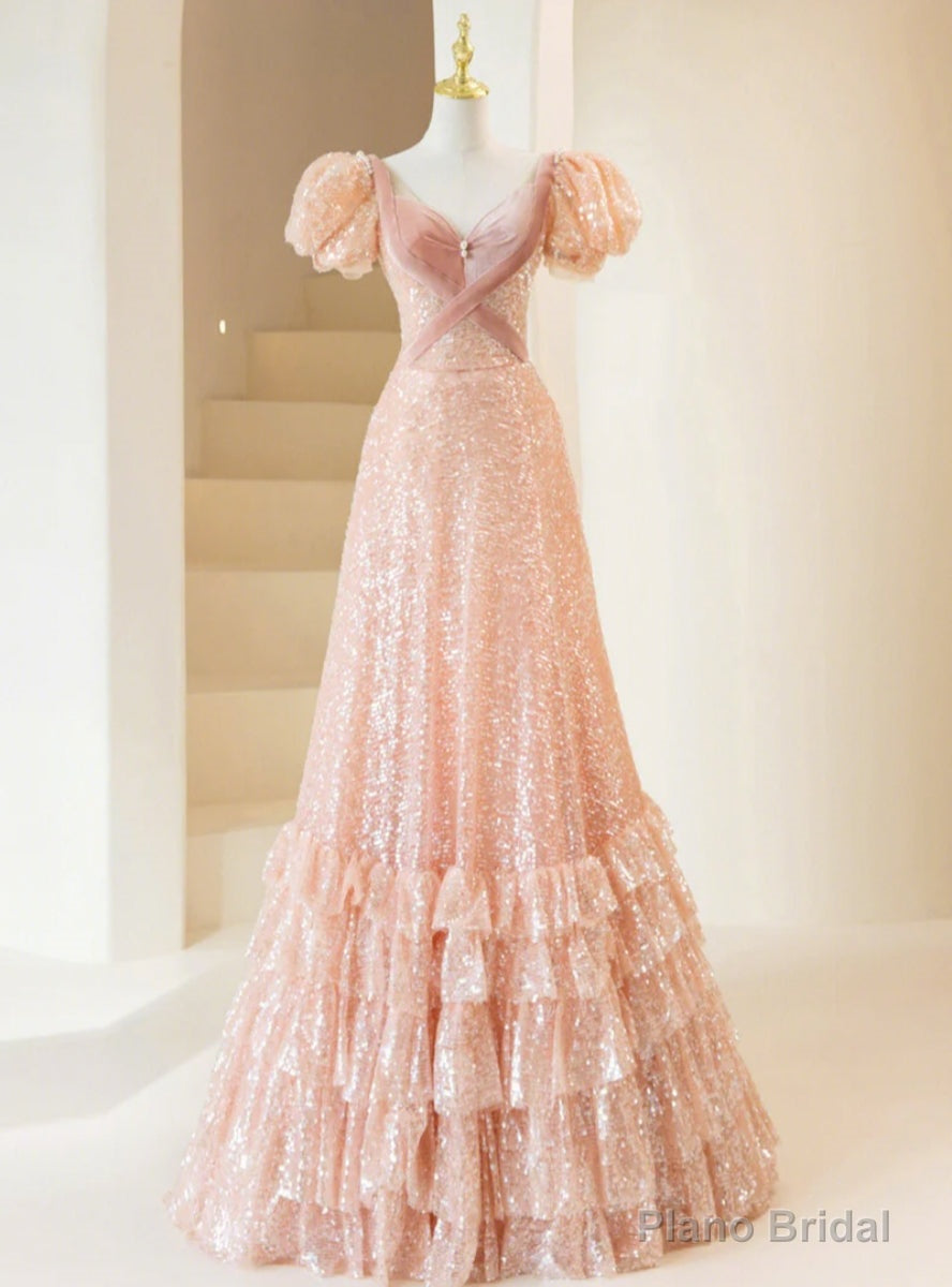 Pink Sequins Short Sleeve Velvet Short Sleeve Prom Dress Main image