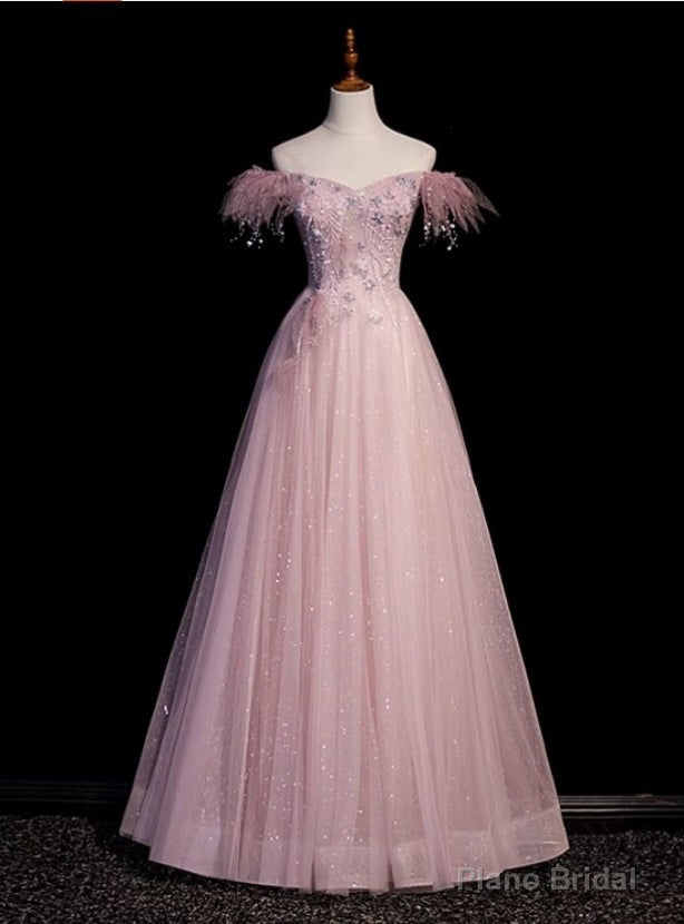 Pink Sequins Tulle Off the Shoulder Beading Prom Dress Main image