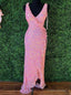 Pink Sequins V-neck Split Prom Dress