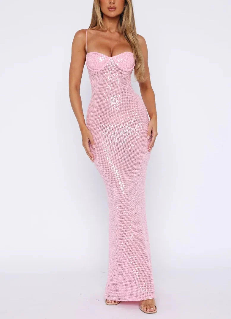 Pink Shiny Fashion Elegant Long Mermaid Slim Sequin Ball Gown Formal Evening Dresses Party Dresses