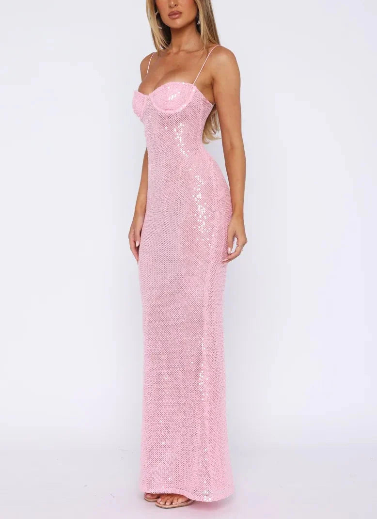 Pink Shiny Fashion Elegant Long Mermaid Slim Sequin Ball Gown Formal Evening Dresses Party Dresses