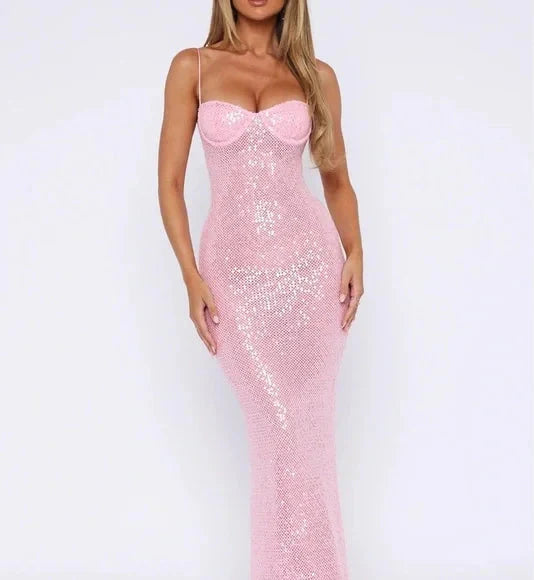 Pink Shiny Fashion Elegant Long Mermaid Slim Sequin Ball Gown Formal Evening Dresses Party Dresses