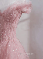 Pink Shiny Tulle Beaded Off Shoulder Long Party Dresses, Pink Tulle Formal Dresses