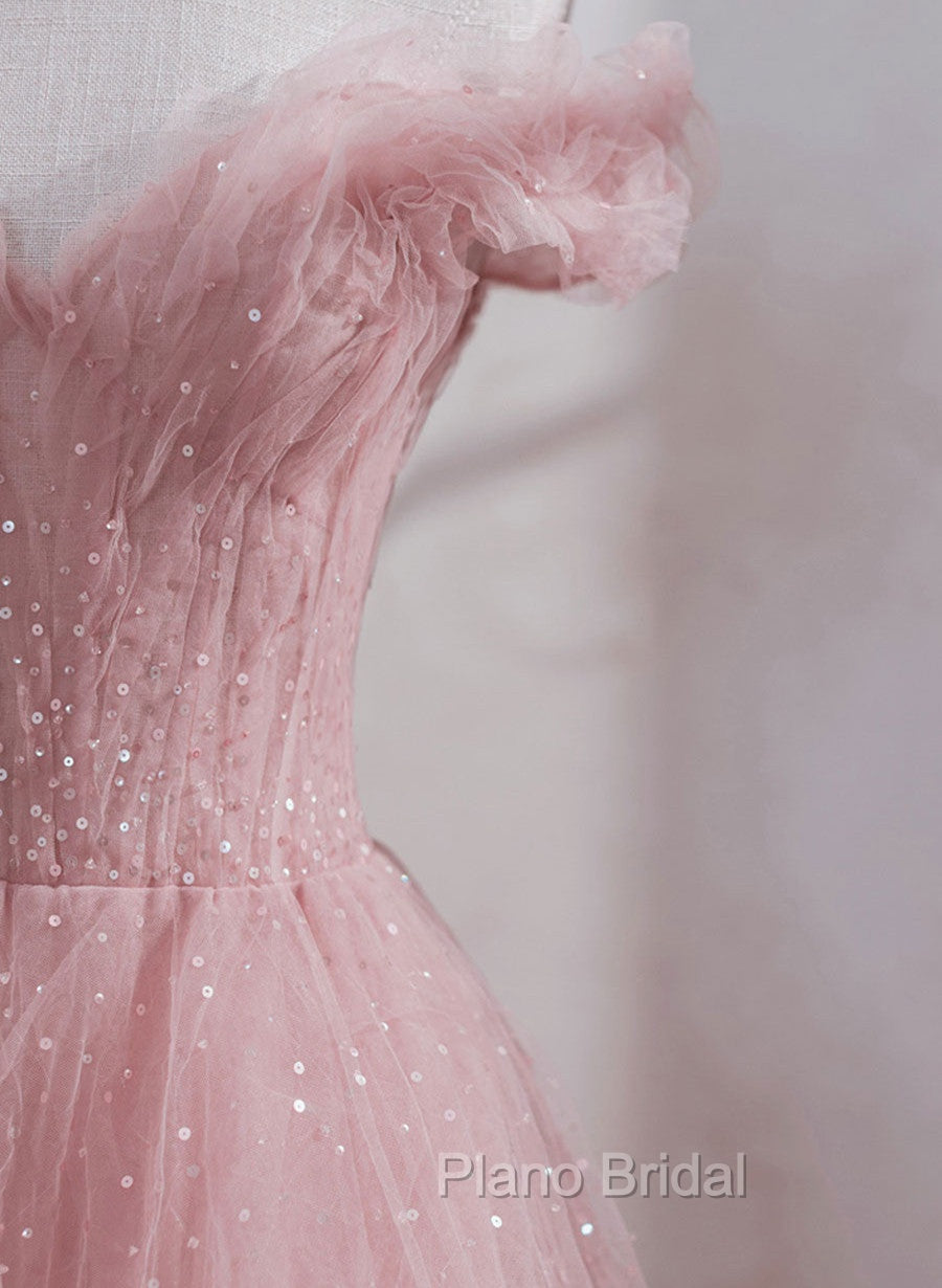 Pink Shiny Tulle Beaded Off Shoulder Long Party Dresses, Pink Tulle Formal Dresses Secondary image