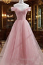Pink Shiny Tulle Beaded Off Shoulder Long Party Dresses, Pink Tulle Formal Dresses