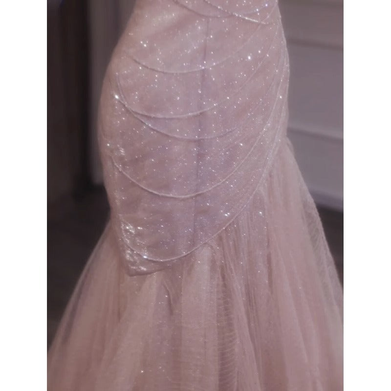 Pink Shiny Tulle Mermaid Formal Prom Dresses Fairy Formal Evening Dresses