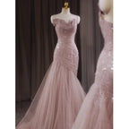 Pink Shiny Tulle Mermaid Formal Prom Dresses Fairy Formal Evening Dresses