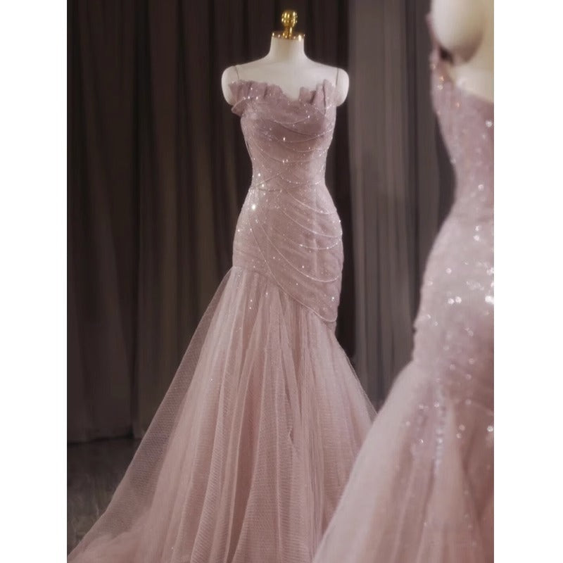 Pink Shiny Tulle Mermaid Formal Prom Dresses Fairy Formal Evening Dresses