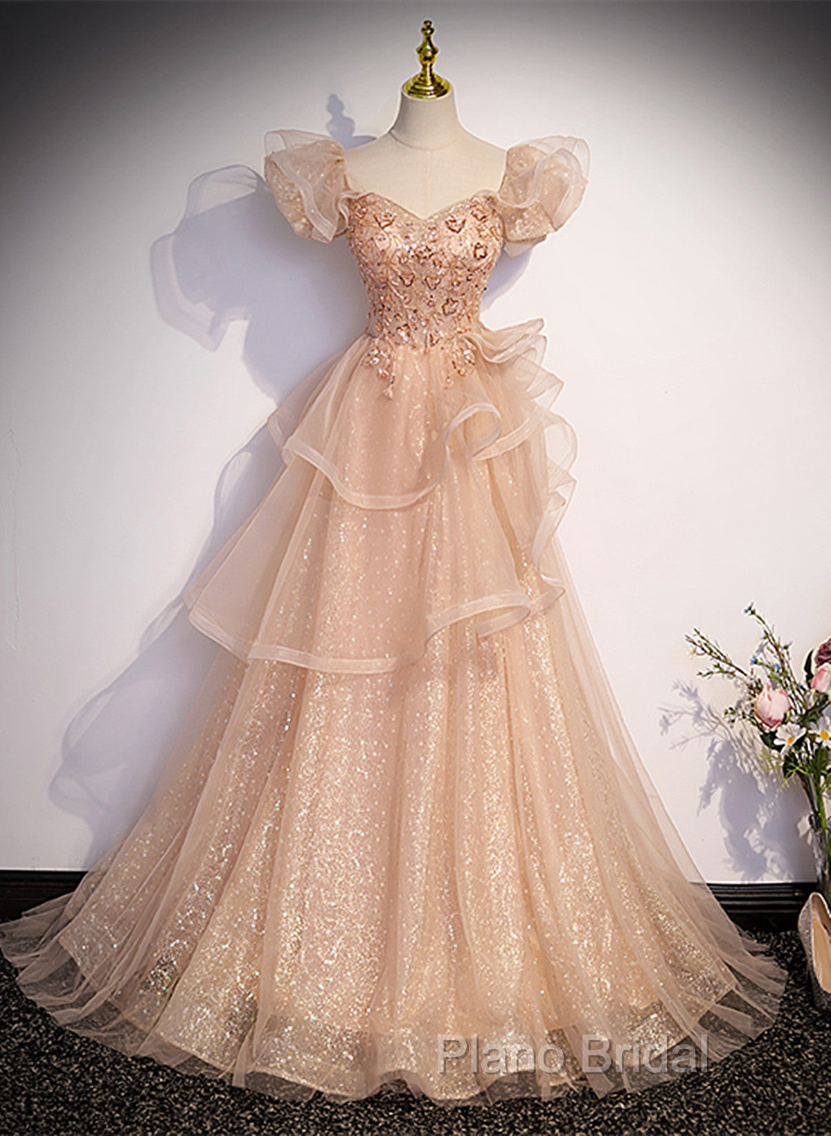 Pink Shiny Tulle Sweetheart Long Layers Party Dresses, A-Line Pink Tulle Formal Dresses Formal Prom Dresses