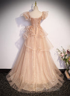 Pink Shiny Tulle Sweetheart Long Layers Party Dresses, A-Line Pink Tulle Formal Dresses Formal Prom Dresses