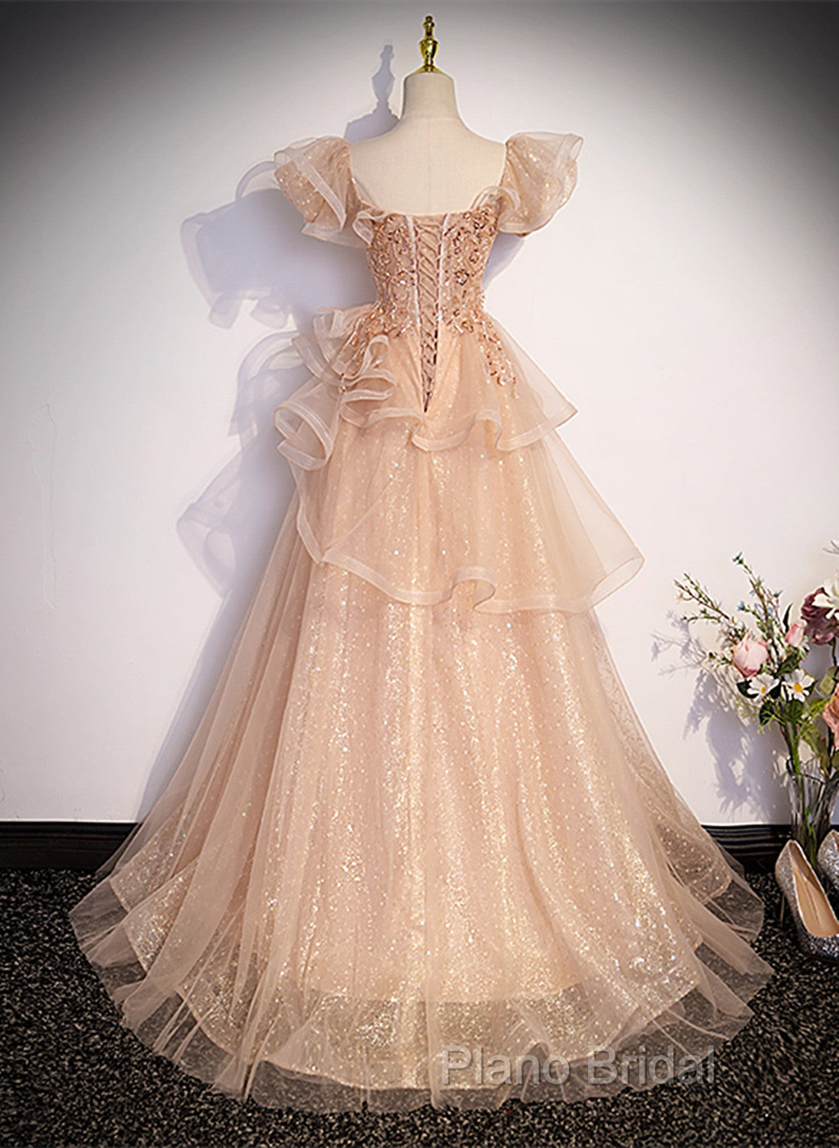 Pink Shiny Tulle Sweetheart Long Layers Party Dresses, A-Line Pink Tulle Formal Dresses Formal Prom Dresses