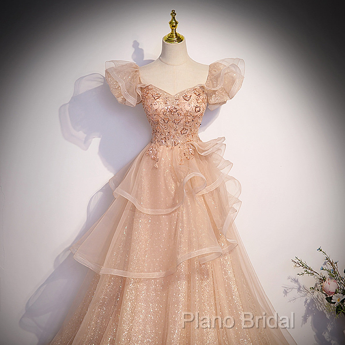 Pink Shiny Tulle Sweetheart Long Layers Party Dresses, A-Line Pink Tulle Formal Dresses Formal Prom Dresses