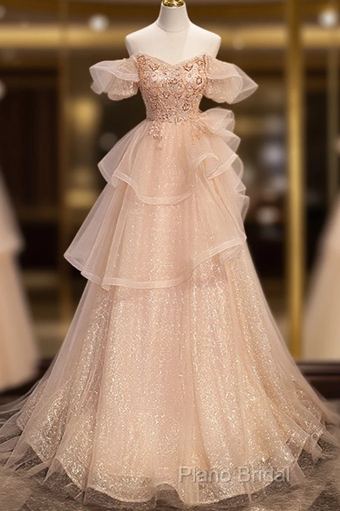 Pink Shiny Tulle Sweetheart Long Layers Party Dresses, A-Line Pink Tulle Formal Dresses Formal Prom Dresses Main image
