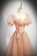 Pink Short Sleeves Tulle Party Dress, A-line Flower Lace Prom Dress