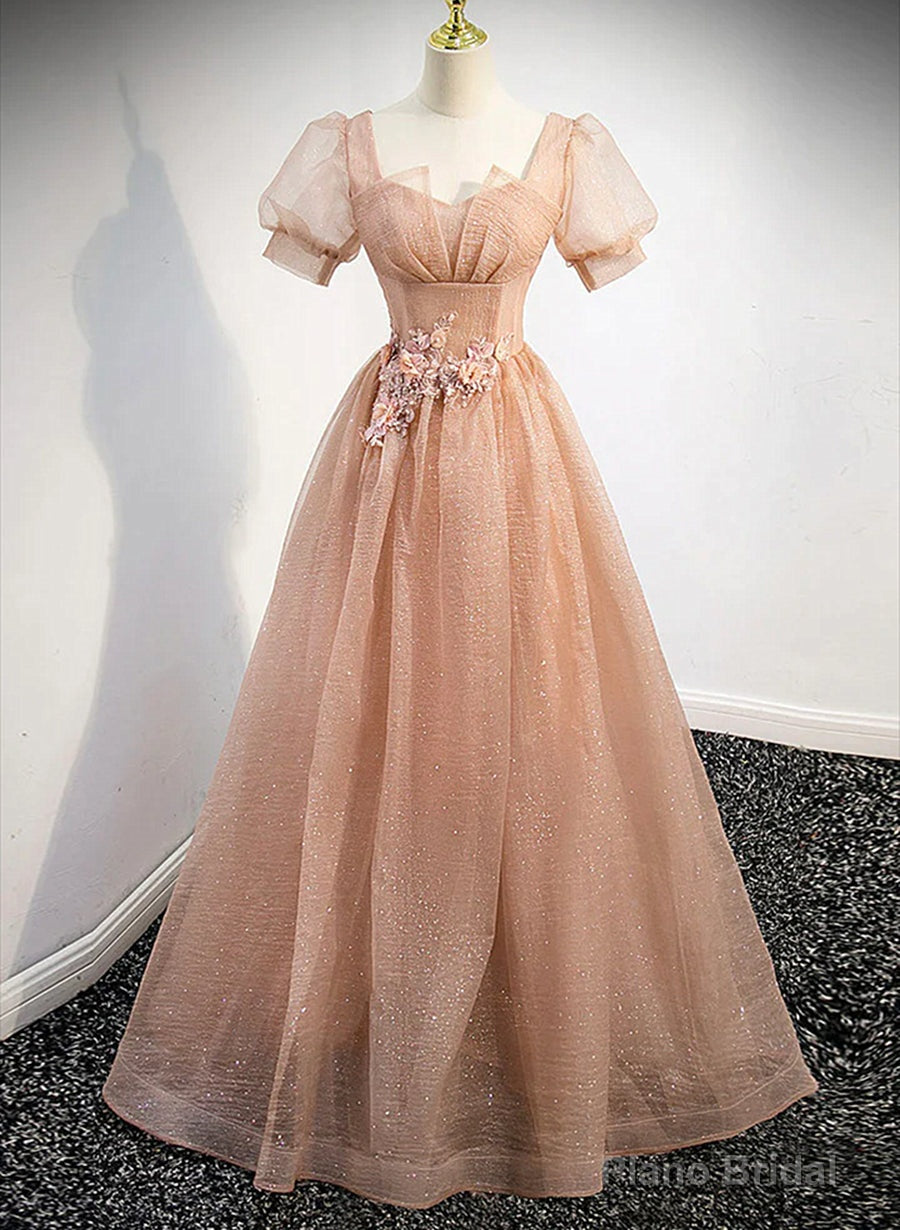 Pink Short Sleeves Tulle Party Dress, A-line Flower Lace Prom Dress Secondary image