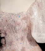 Pink Short Sleeves Tulle Sequins Long Party Dresses, Pink Tulle Formal Prom Dresses