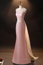 Pink Simple Mermaid Straps Long Evening Dresses, Pink Formal Dresses Formal Prom Dresses