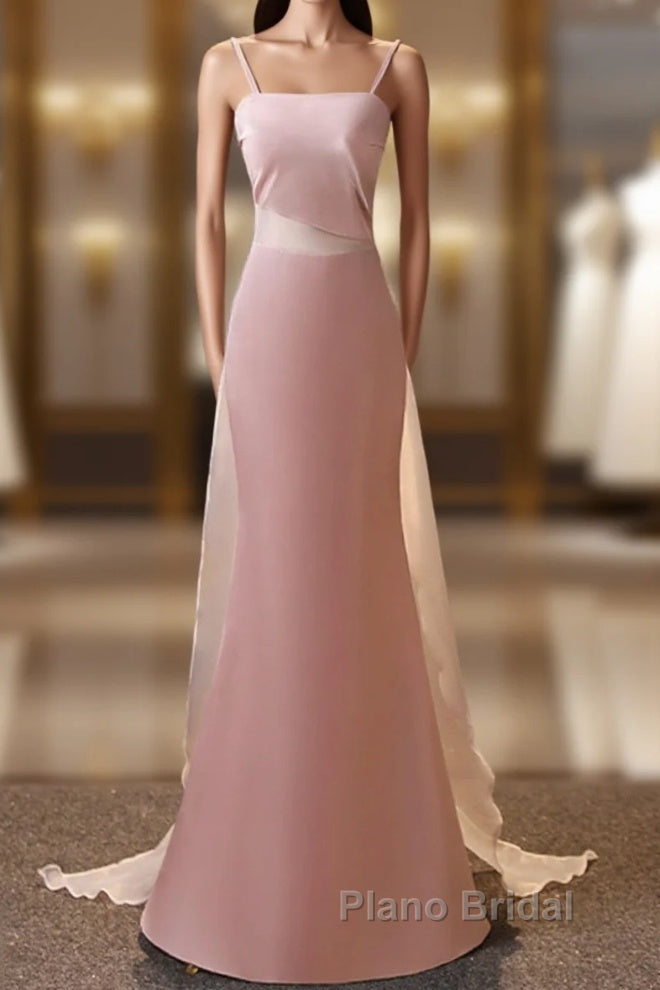 Pink Simple Mermaid Straps Long Evening Dresses, Pink Formal Dresses Formal Prom Dresses Main image