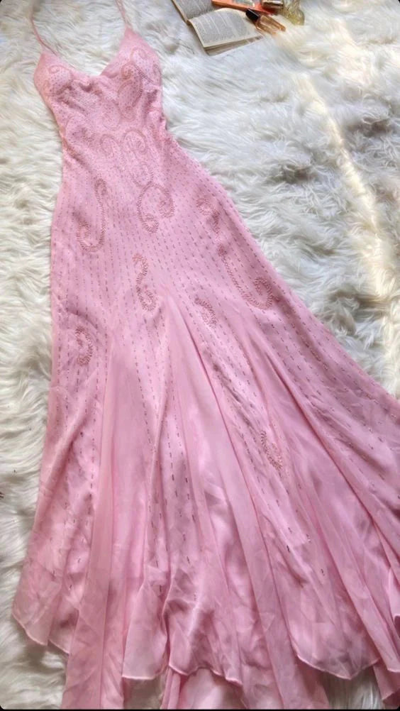 Pink Spaghetti Strap Beaded A-Line Long Elegant Ball Gown Formal Evening Dresses Party Dresses