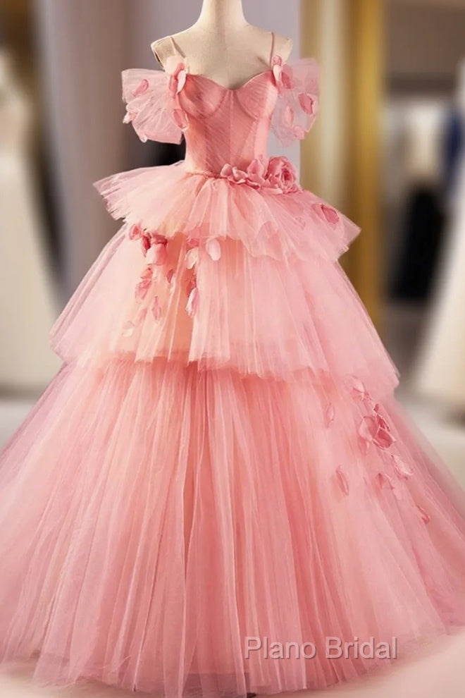 Pink Spaghetti Strap Tulle Long Formal Prom Dresses, Beautiful A-Line Formal Sweet 16 Dresses Main image