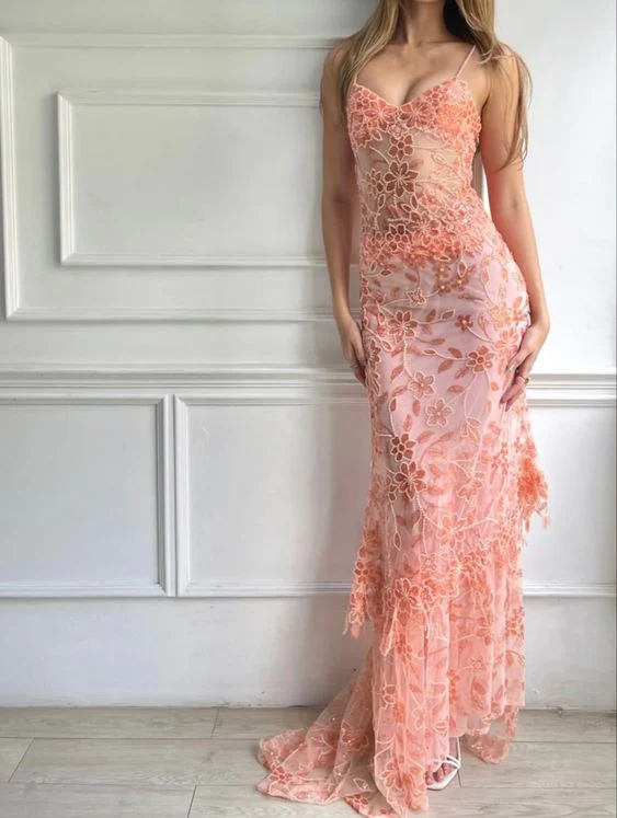 Pink Spaghetti Straps Lace Beading Gorgeous Mermaid Formal Evening Dresses Secondary image