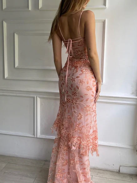 Pink Spaghetti Straps Lace Beading Gorgeous Mermaid Formal Evening Dresses