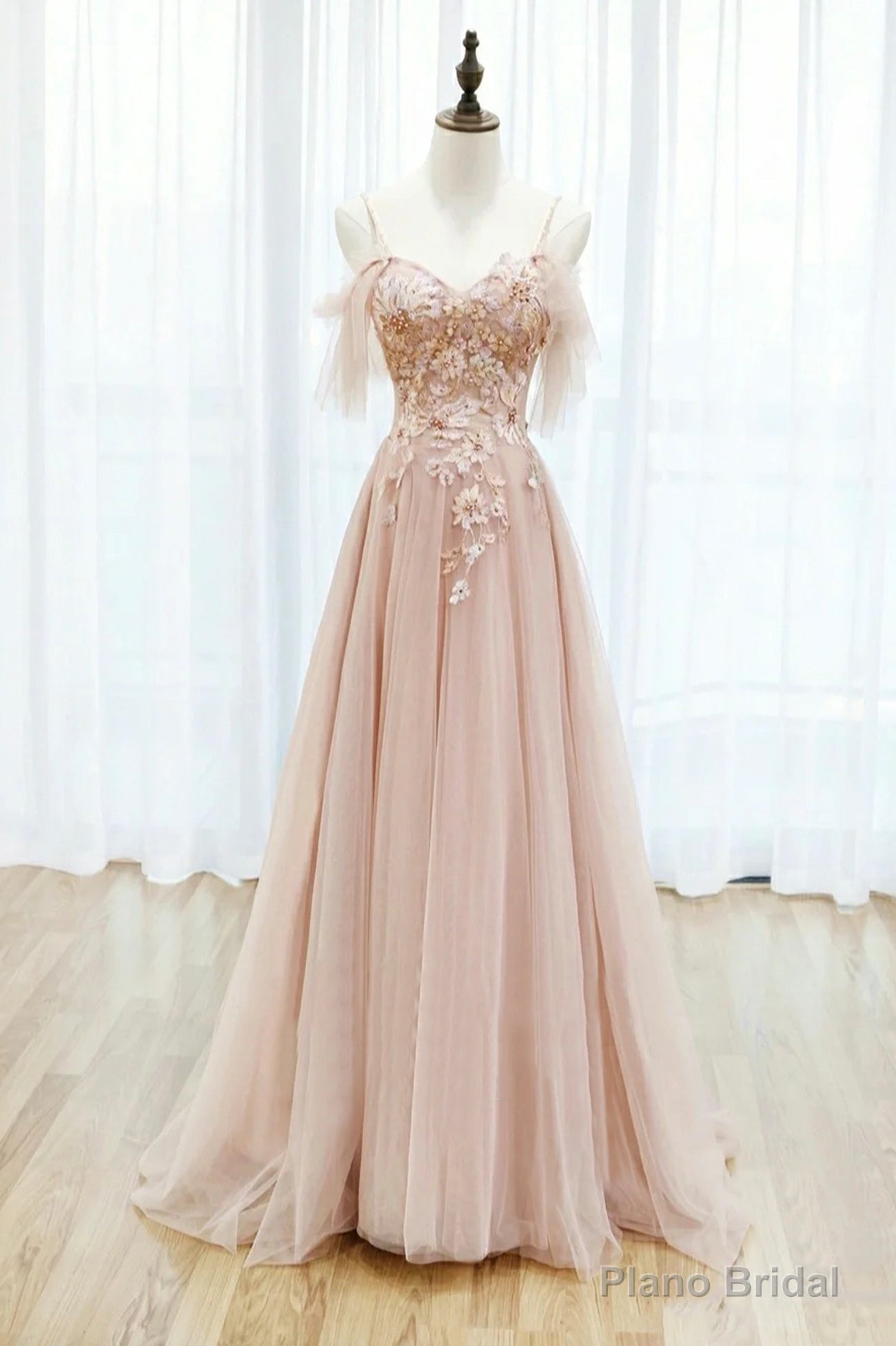 Pink Spaghetti Straps Lace Long Prom Dress, A-Line Evening Graduation Dress