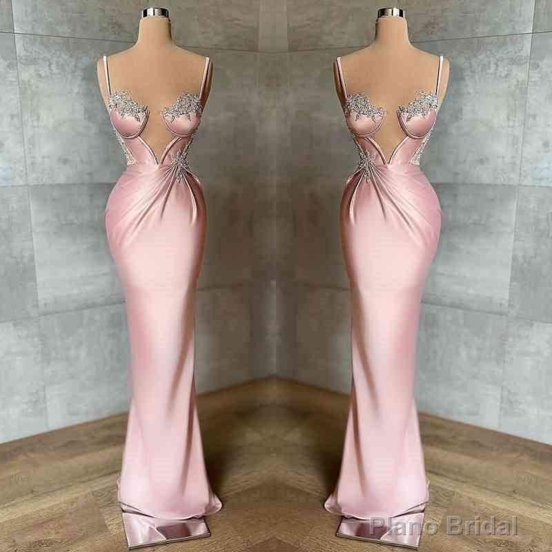 Pink Spaghetti-Straps Mermaid Prom Dress Sleeveless With Appliques Secondary image