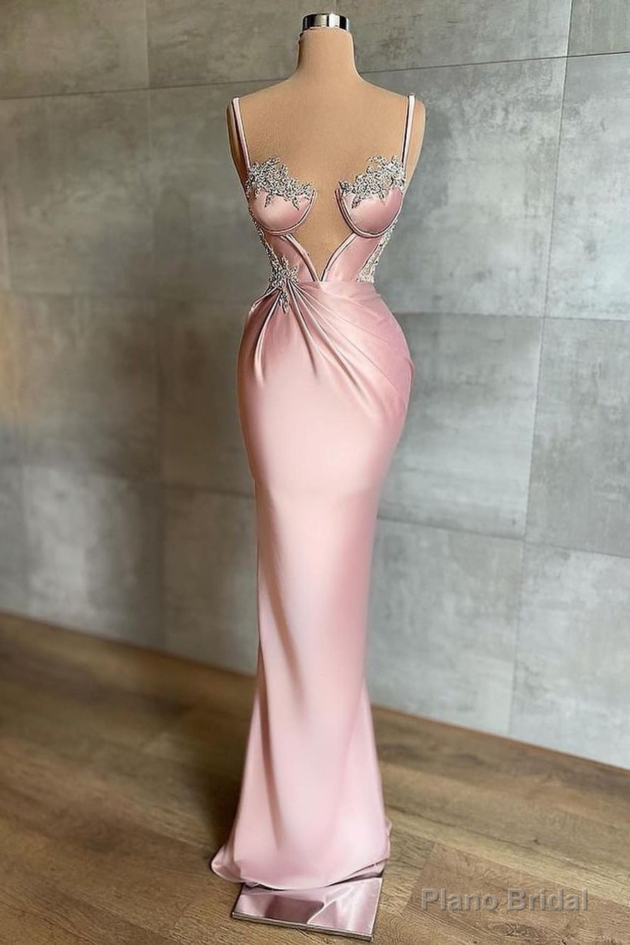 Pink Spaghetti-Straps Mermaid Prom Dress Sleeveless With Appliques Main image