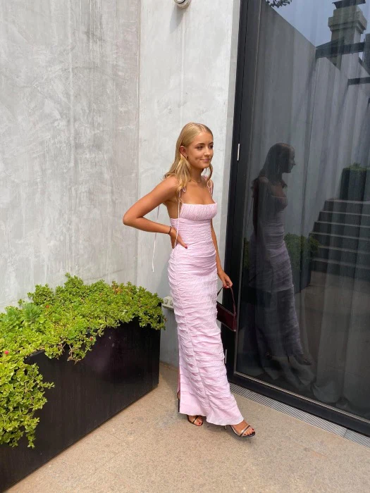 Pink Spaghetti Straps Pleated Long Party Dresses Wedding Guest Dresses