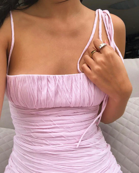 Pink Spaghetti Straps Pleated Long Party Dresses Wedding Guest Dresses