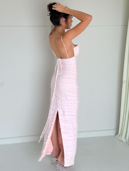 Pink Spaghetti Straps Pleated Long Party Dresses Wedding Guest Dresses
