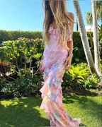 Pink Spaghetti Straps Backless Ruffles Long Formal Prom Dresses