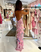 Pink Spaghetti Straps Backless Ruffles Long Formal Prom Dresses