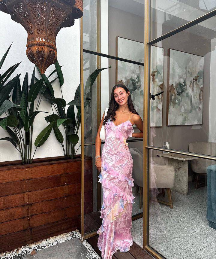Pink Spaghetti Straps Backless Ruffles Long Formal Prom Dresses