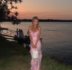 Pink Spaghetti Straps Backless Ruffles Long Formal Prom Dresses