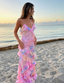 Pink Spaghetti Straps Backless Ruffles Long Formal Prom Dresses