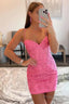 Pink Spaghetti Straps Tight Short Homecoming Dress with Appliques