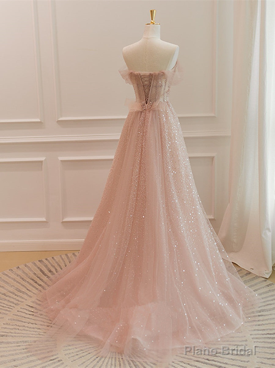 Pink Sparkle Tulle with Beadings Long A-line Formal Dress, Pink Tulle Sweetheart Prom Dress Secondary image