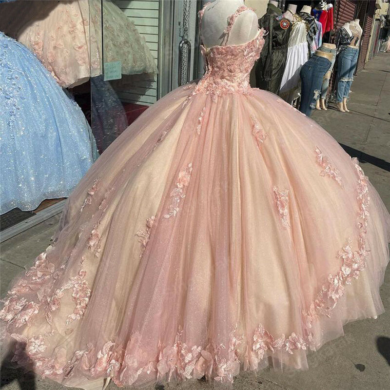Pink Sparkly Quinceanera Formal Prom Dresses Lace Flower Sweet 16 Tulle Party Ball Gown Secondary image