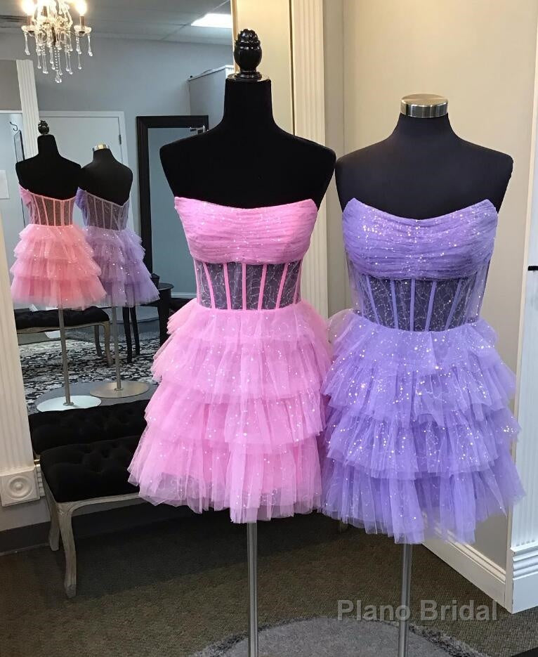 Pink Sparkly Strapless Multi-Layers Tulle Homecoming Dress