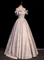 Pink Statin Off Shoulder Floral Long Party Dresses, Pink Sweetheart Formal Prom Dresses Formal Dresses