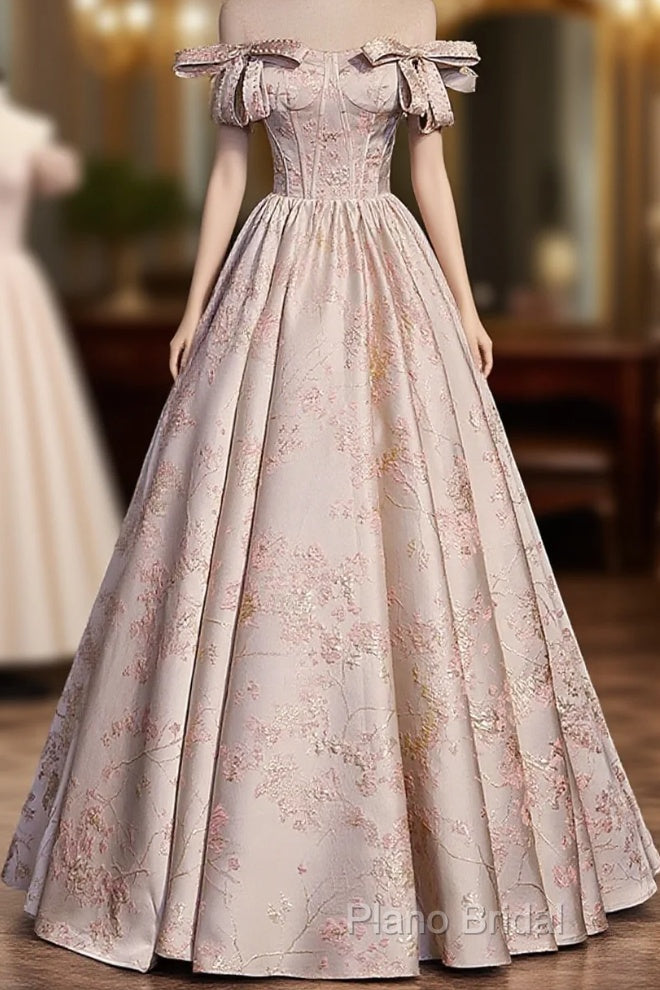 Pink Statin Off Shoulder Floral Long Party Dresses, Pink Sweetheart Formal Prom Dresses Formal Dresses