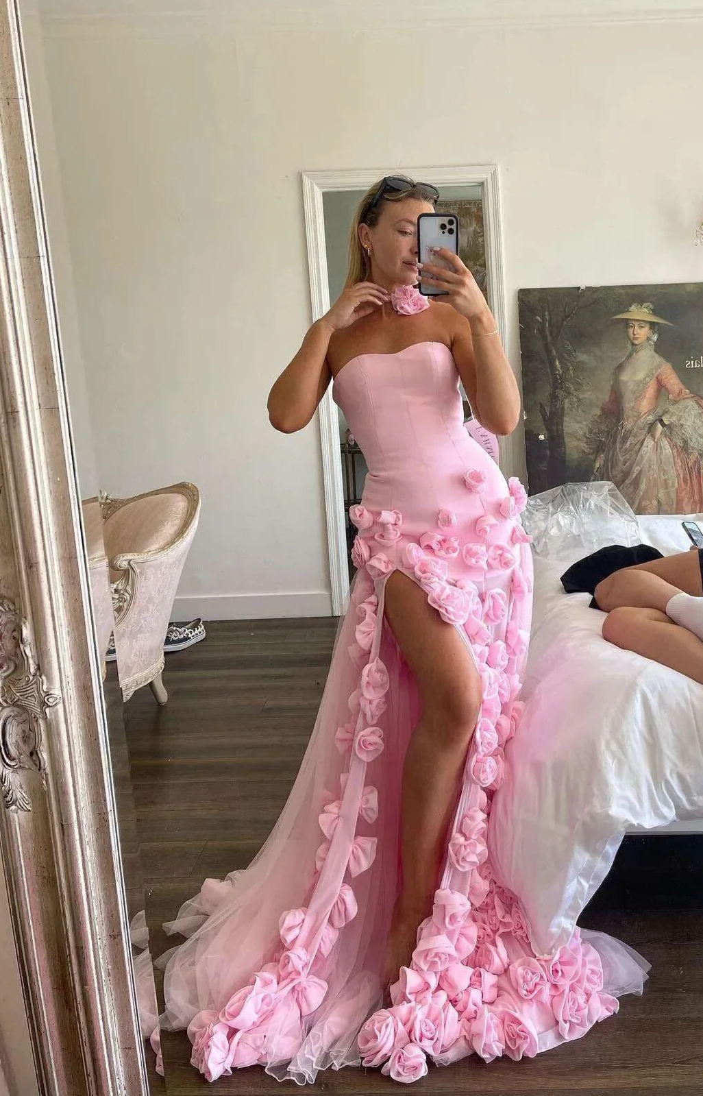 Elegant Pink Strapless 3D Flowers Tulle Mermaid Long Formal Prom Dresses With Slit Secondary image