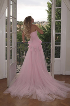 Elegant Pink Strapless 3D Flowers Tulle Mermaid Long Formal Prom Dresses With Slit