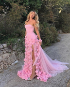 Elegant Pink Strapless 3D Flowers Tulle Mermaid Long Formal Prom Dresses With Slit