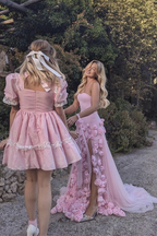 Elegant Pink Strapless 3D Flowers Tulle Mermaid Long Formal Prom Dresses With Slit