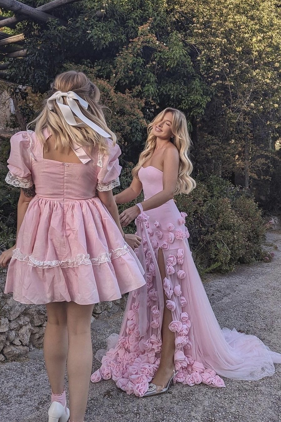 Elegant Pink Strapless 3D Flowers Tulle Mermaid Long Formal Prom Dresses With Slit