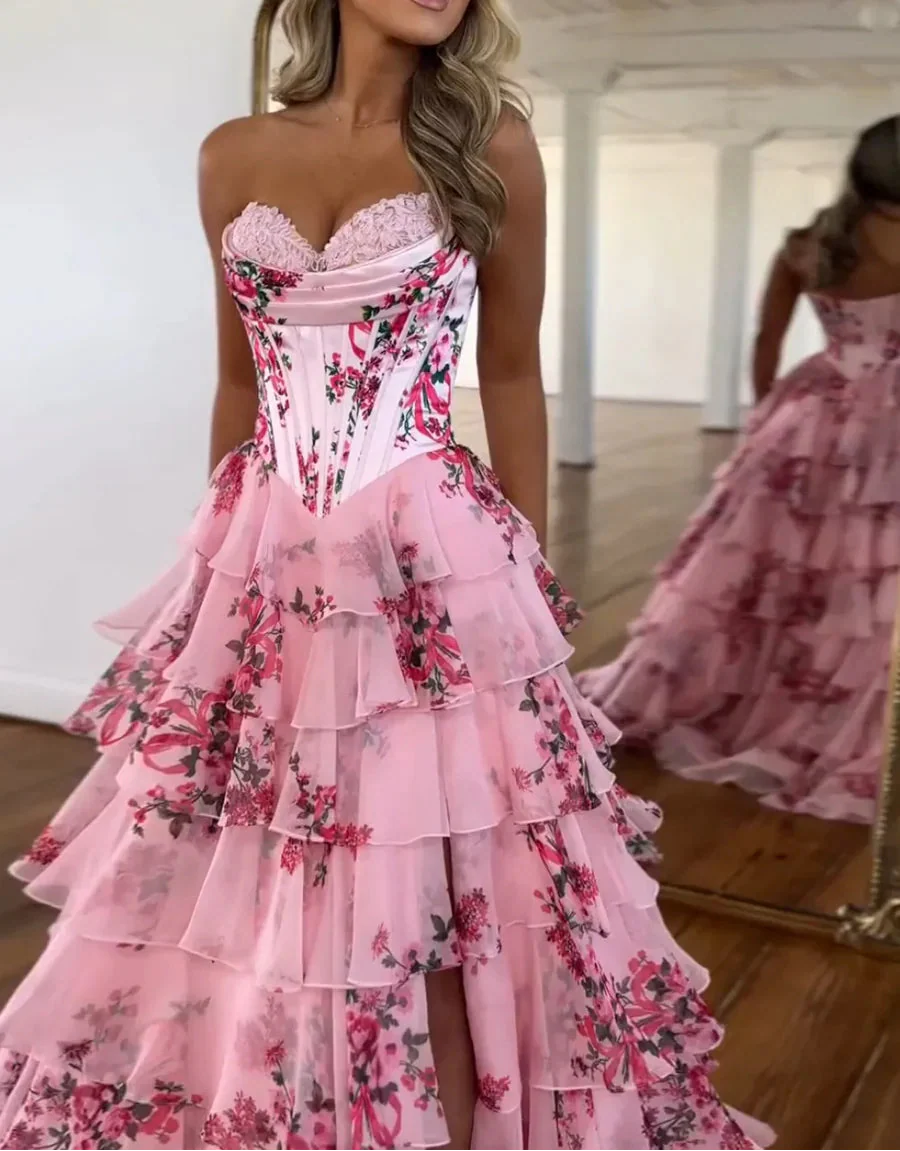 Pink Strapless A-Line Printing Tiered Chiffon Floral Long Formal Prom Dresses
